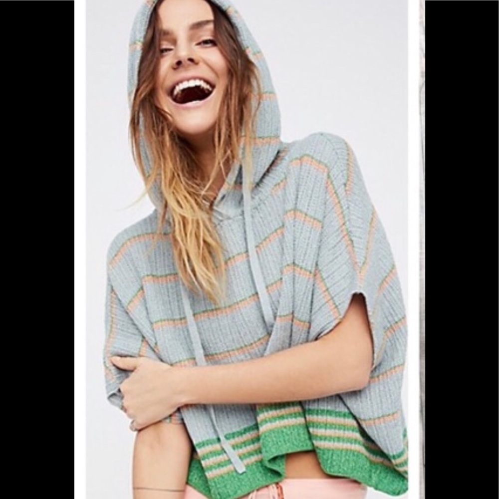 Free People Striped Hooded Sweatshirt - Gray, Green, and Orange